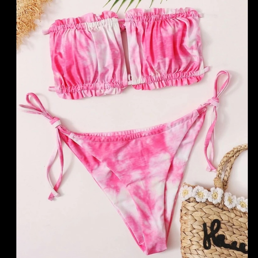 Pink Tie Dye Ruched Bandeau Tie Side Bikini Swim